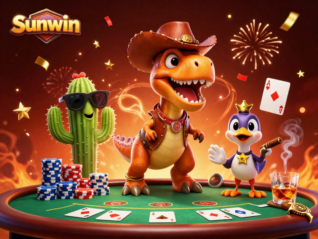 Join the thrilling world of Sunwin, where a T-Rex cowboy leads a vibrant casino adventure with poker action!