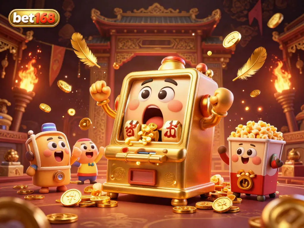 Hit the jackpot with bet168's golden slot machine amidst coins and cheering companions.