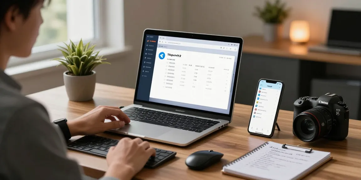 Easily configure Telegram中文 settings in a modern home office environment with open application on laptop.