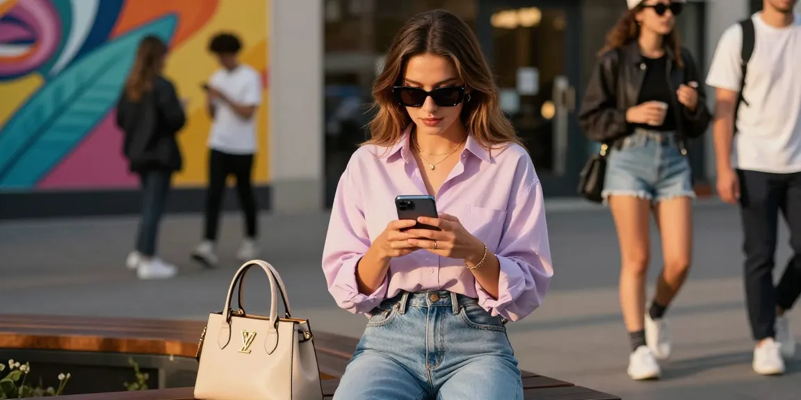 Weibliche Instagram Follower kaufen: Stylische Frau in urbanem Umfeld mit Smartphone, Mode und Fashion-Vibe.
