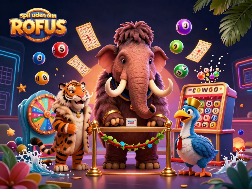Engage in games at spil uden om ROFUS with a vibrant casino scene featuring a bouncer and dynamic game elements.