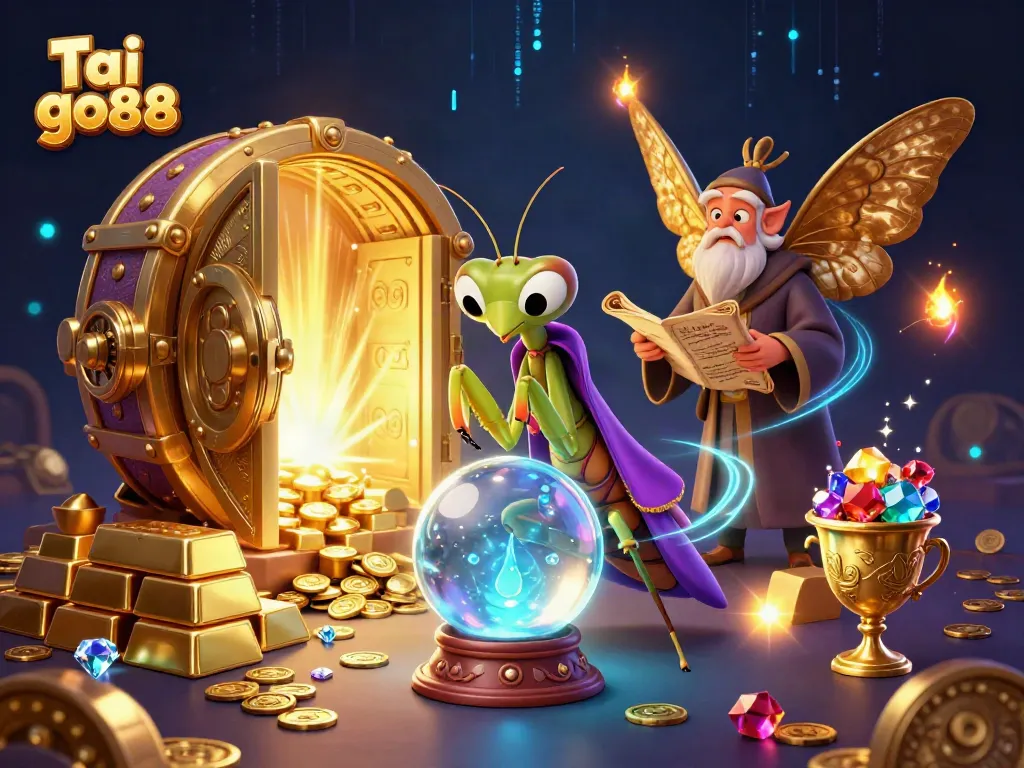 Engage with Tai go88 through a vibrant 3D scene featuring mystical beings and gold treasures.