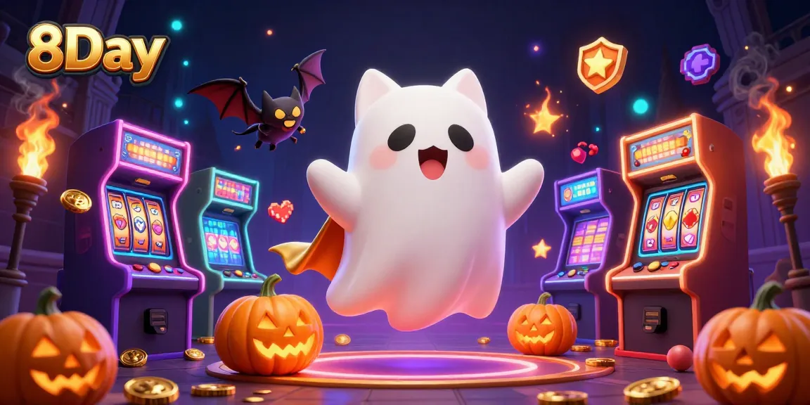 8Day casino game features thrilling slot machines and dynamic characters in vibrant 3D illustration.