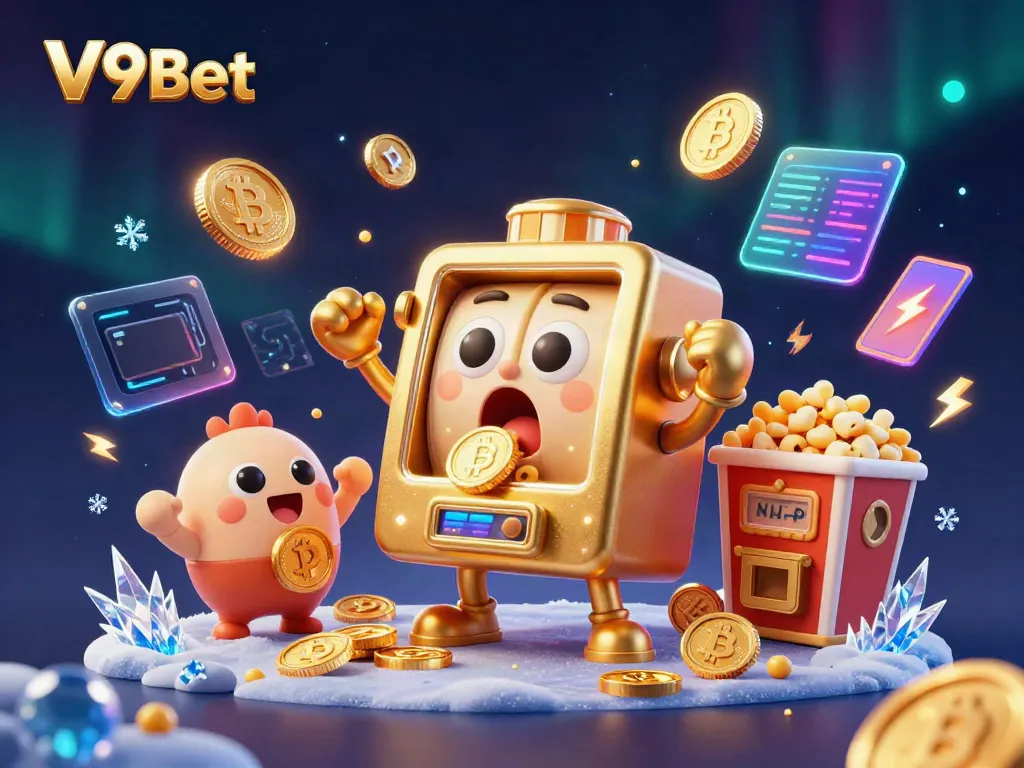 Experience the excitement of V9Bet with a playful golden slot machine hitting a jackpot amidst festive gaming elements.