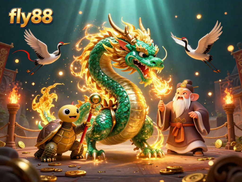 fly88 promotional illustration with a jade dragon, turtle sage, and cranes representing fortune.