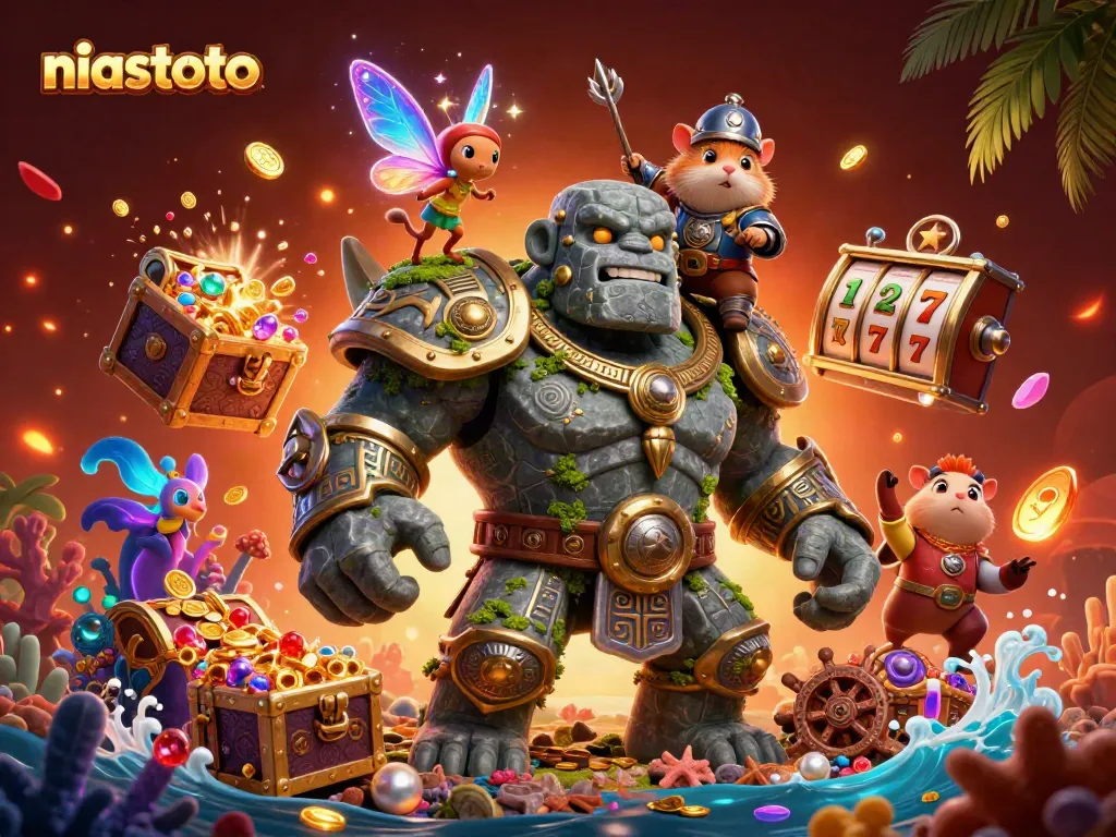 Menangkap suasana kasino online di niastoto dengan karakter fantastis dan elemen permainan yang kaya.