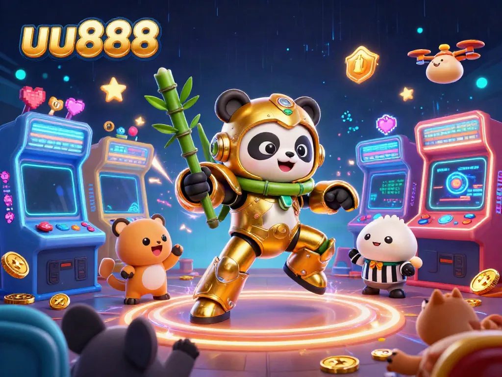 Experience the thrill of uu888 with a dynamic 3D illustration highlighting a mech-suit panda in an electrifying gaming arena.