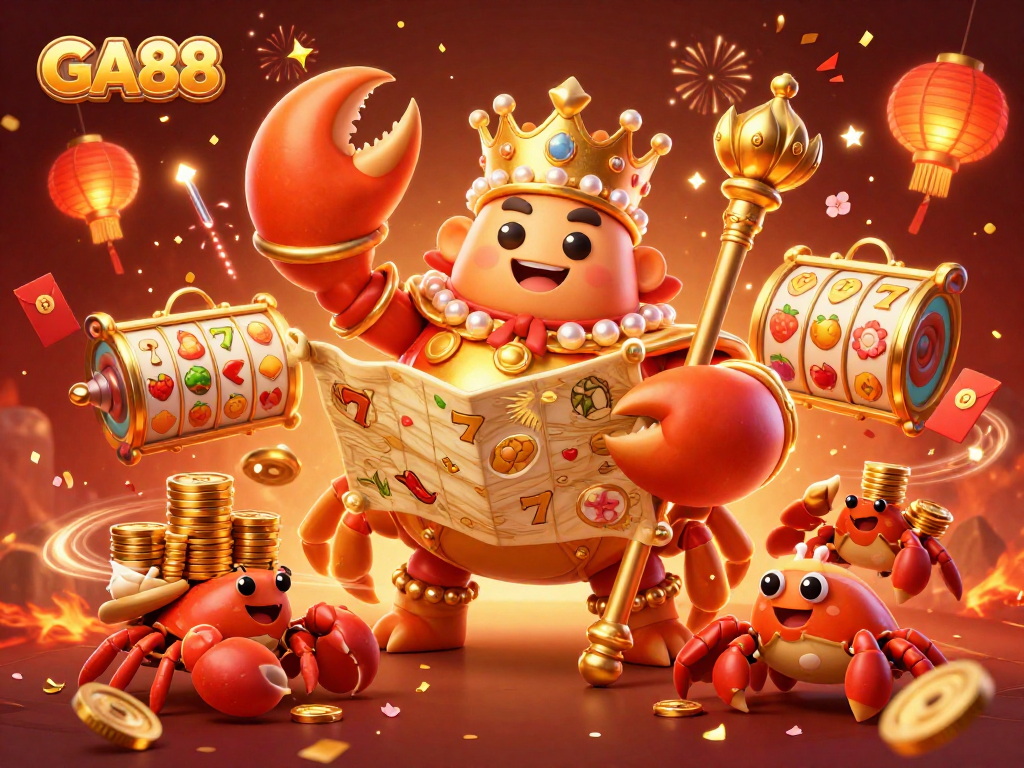 Experience thrilling wins with GA88's golden crab emperor in an energetic casino scene.
