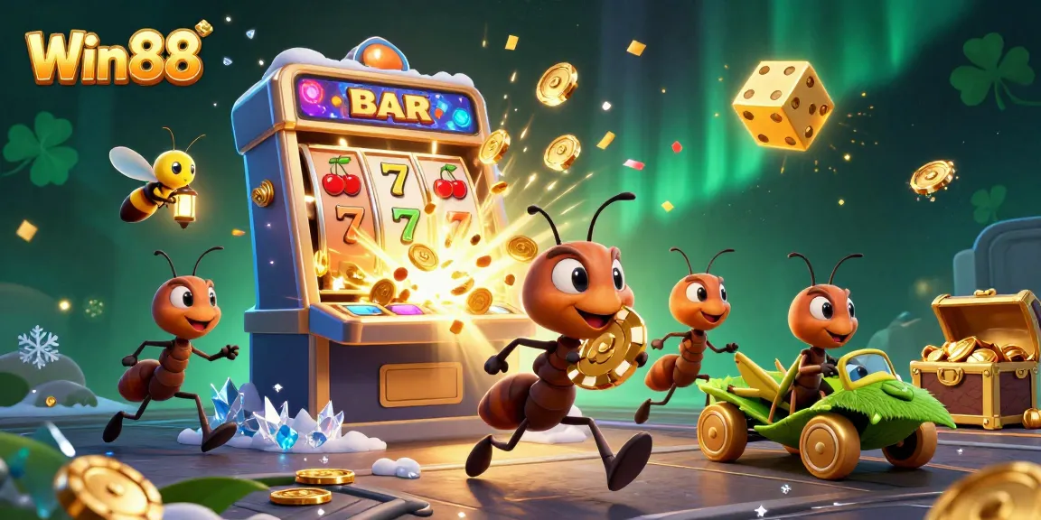 Win88 ants steal a giant poker chip amidst exploding jackpots and casino elements.