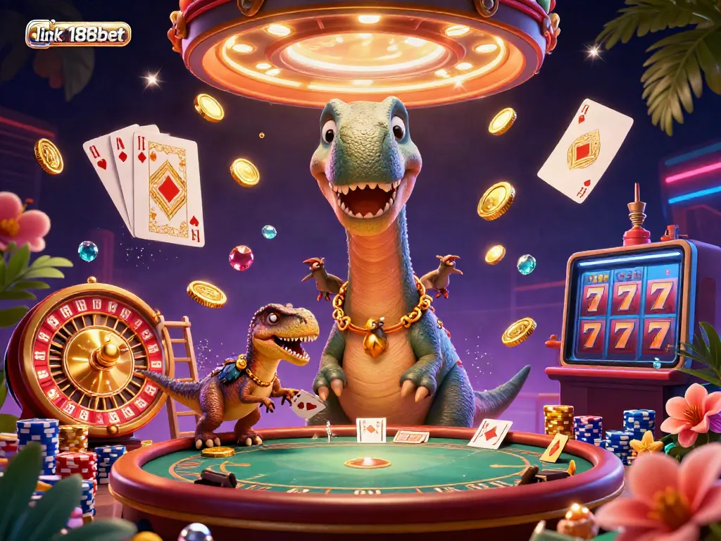 Join the action with link 188bet in this vibrant 3D casino scene featuring a giant brontosaurus and a skilled raptor dealer.