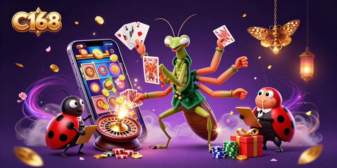 C168 showcases a dynamic casino scene with a giant praying mantis dealer pouring champagne amidst colorful slot games.