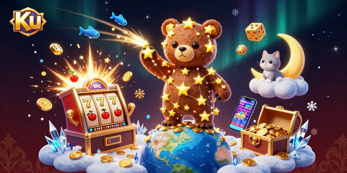 Win big with Ku in a vibrant 3D illustration featuring a constellation bear and casino elements.