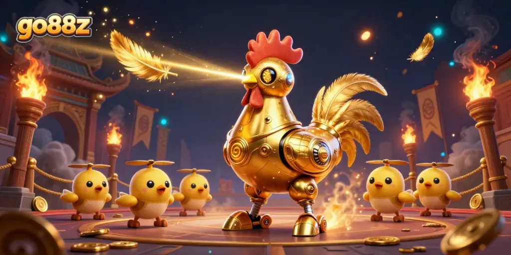 Watch the dynamic spectacle of go88z with a golden rooster robot and baby chick drones in a vibrant casino scene.