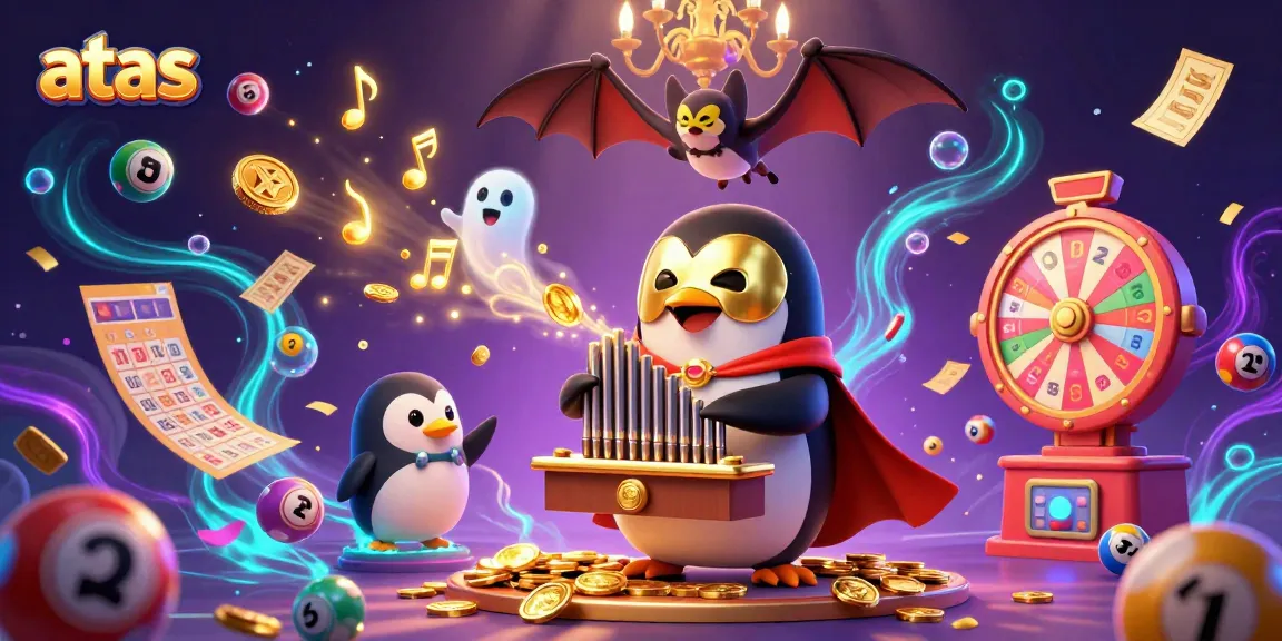 Play at atas casino featuring a 3D penguin organist shooting golden coins amidst vibrant lottery elements.