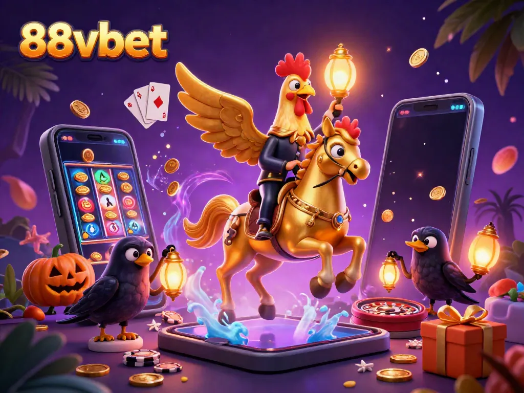 Experience thrilling casino action with 88vbet's dynamic illustration of a golden rooster in a midnight casino.