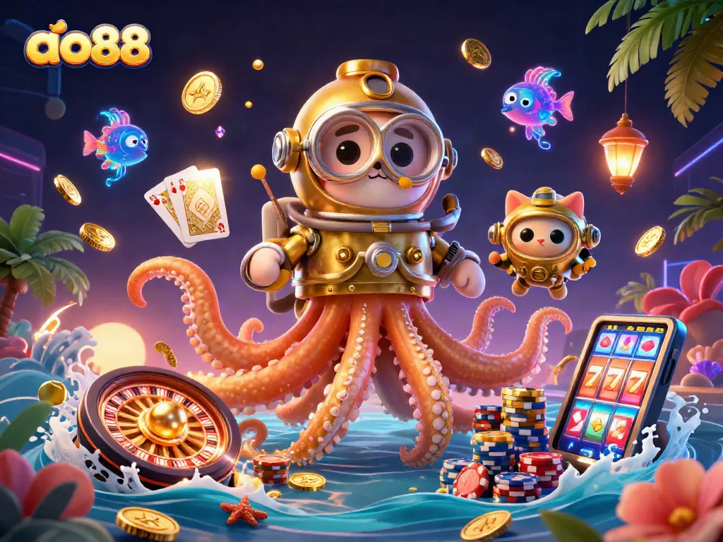 Engage with thrilling ao88 gameplay as a colossal kraken and diving cat explore underwater treasures.