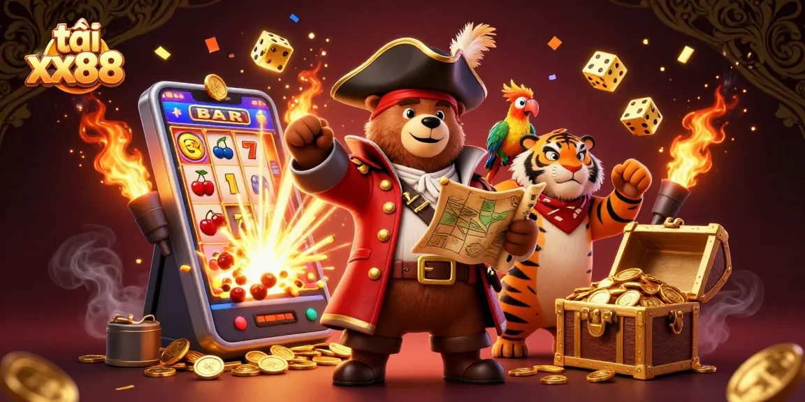 Spin and win with tải xx88, featuring a pirate bear and treasure in a vibrant casino scene.