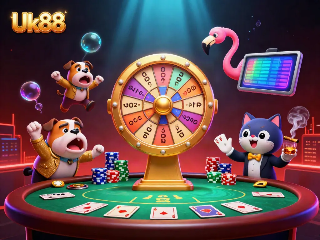 Engage with thrilling gameplay at Uk88, highlighted by a vibrant 3D game show scene featuring colorful casino elements.