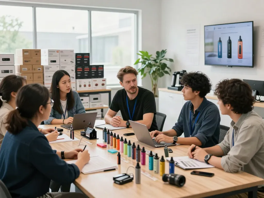 Wholesale vape supplier in Europe team collaborating over various vape products in a modern warehouse.