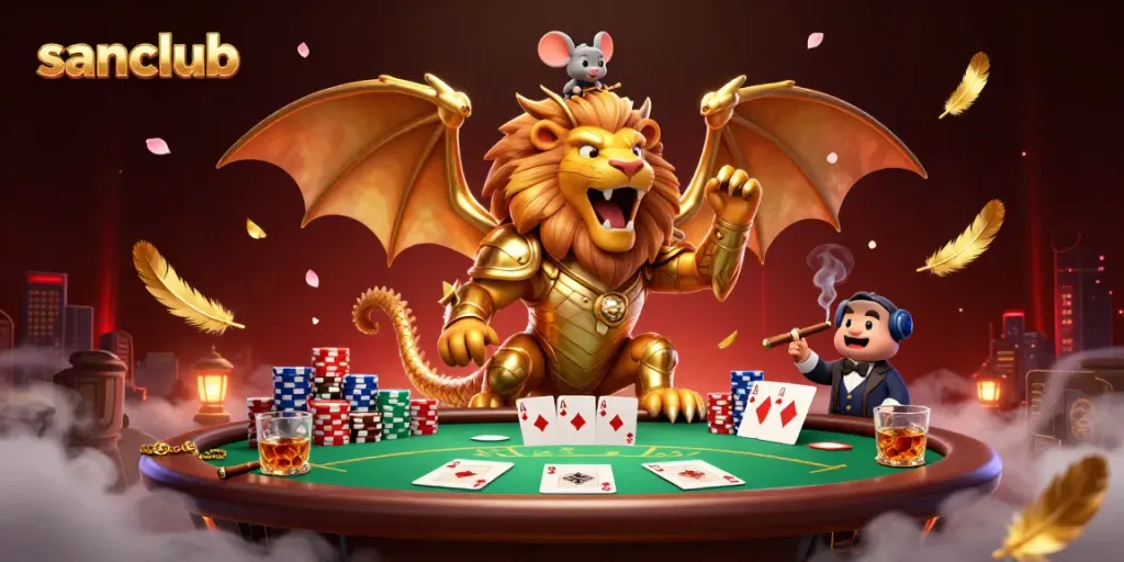 Experience the thrill of winning at sanclub with a vibrant 3D illustration of a golden chimera and poker elements.