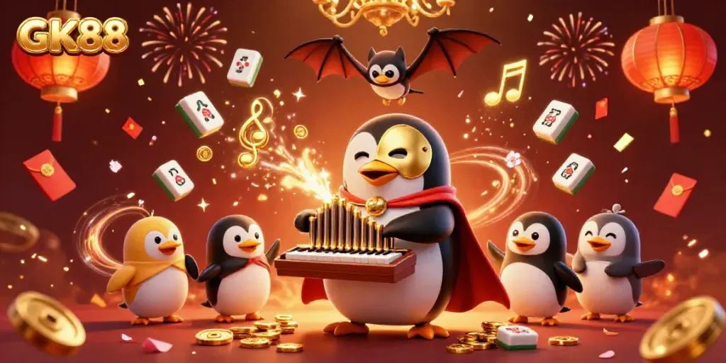 Celebrate fortune at GK88 with a whimsical penguin playing a magical organ, launching golden coins.