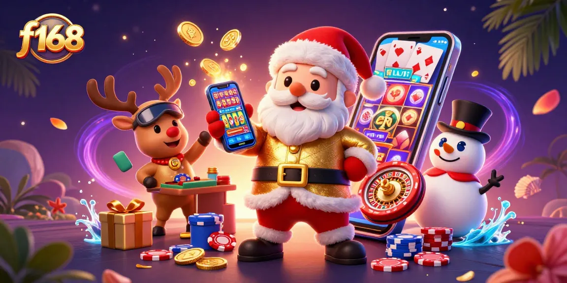 Play slots and win big with f168 in a vibrant casino scene featuring Santa and friends.