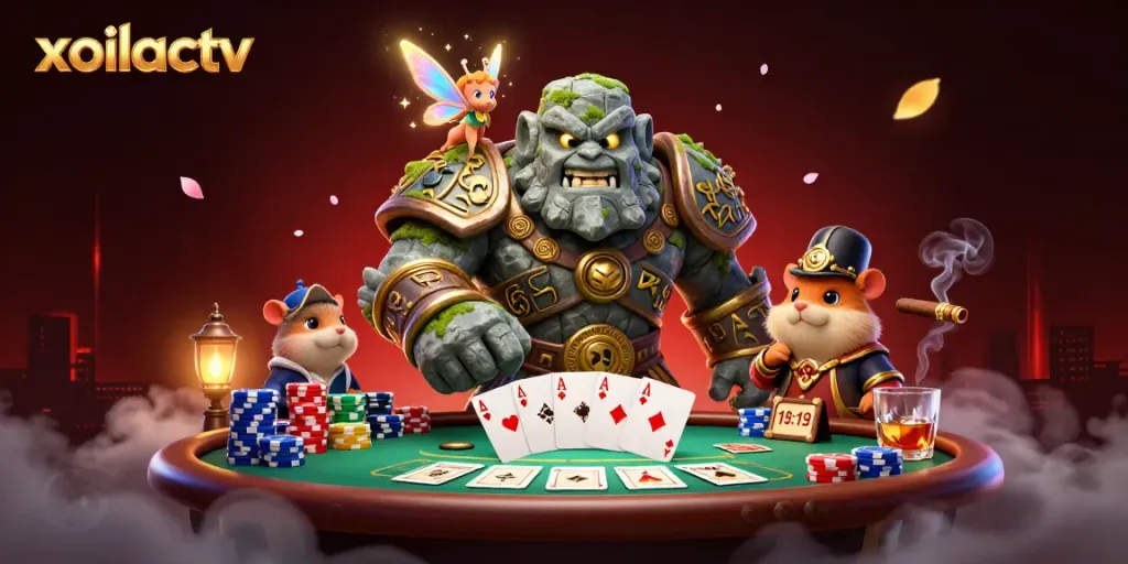 Experience excitement with xoilactv in this 3D illustration of a stone golem guardian and magical companions at a luxurious poker table.