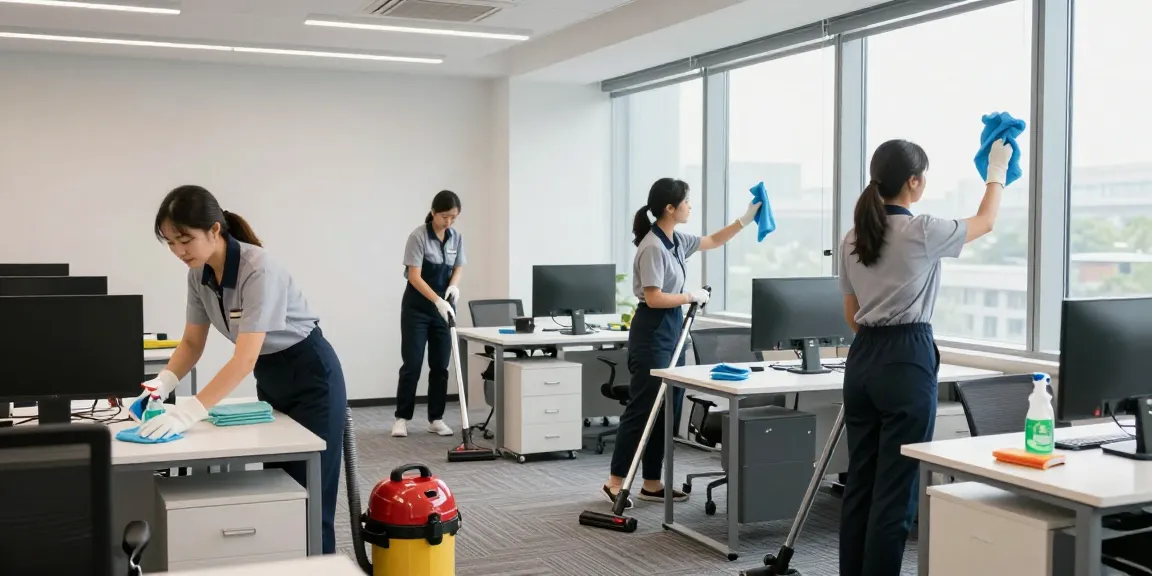 Professionelle Gebäudereinigung Düsseldorf in einem modernen Büro mit Reinigungsteam bei der Arbeit.