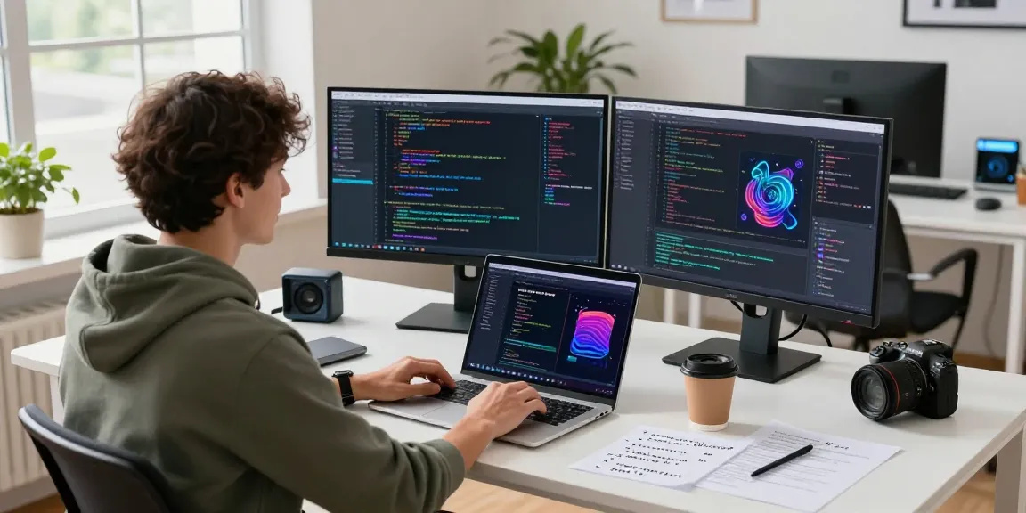 AI code generator workspace with developer coding in a bright office, dual monitors showing code snippets and AI visuals.
