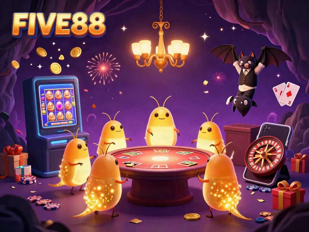 Experience the excitement of FIVE88 with playful glowworms lighting up a cave casino filled with games and vibrant energy.