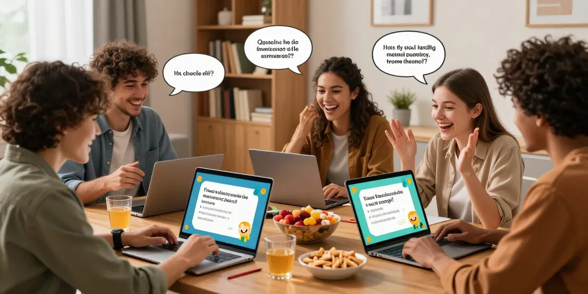 Freunde machen ein Quiz Allgemeinwissen in einem gemütlichen Wohnzimmer mit Snacks.