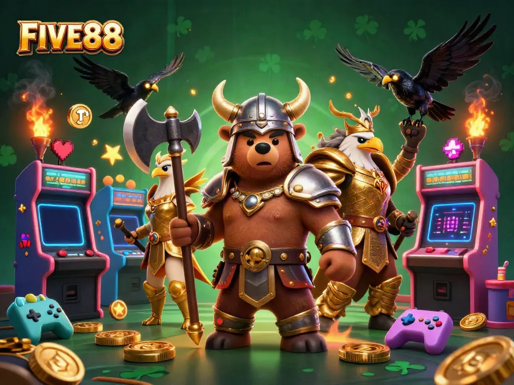 Play on FIVE88 with a lively 3D illustration featuring a Viking bear and Valkyrie eagle amidst vibrant casino elements.
