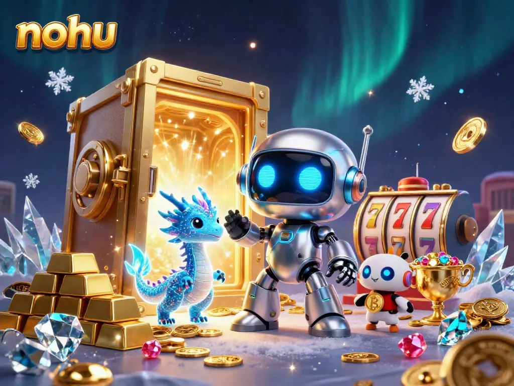 Spin and win at nohu slots with treasures and fantastical characters featured in a vibrant illustration.