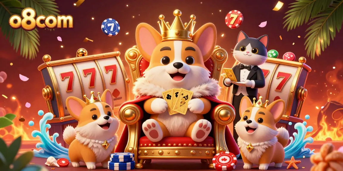 Experience excitement with o8com as a royal corgi presides over a vibrant scene of gambling delights.