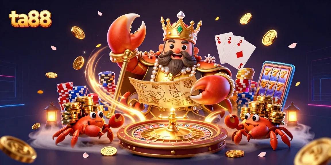 Experience thrilling wins at ta88 with a golden crab emperor overseeing vibrant casino elements.