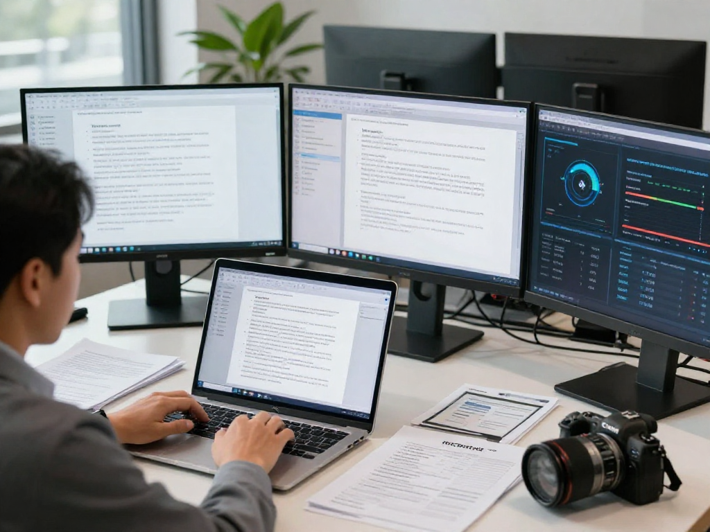 Expert analyzing document fraud detection data on multiple screens in a modern office