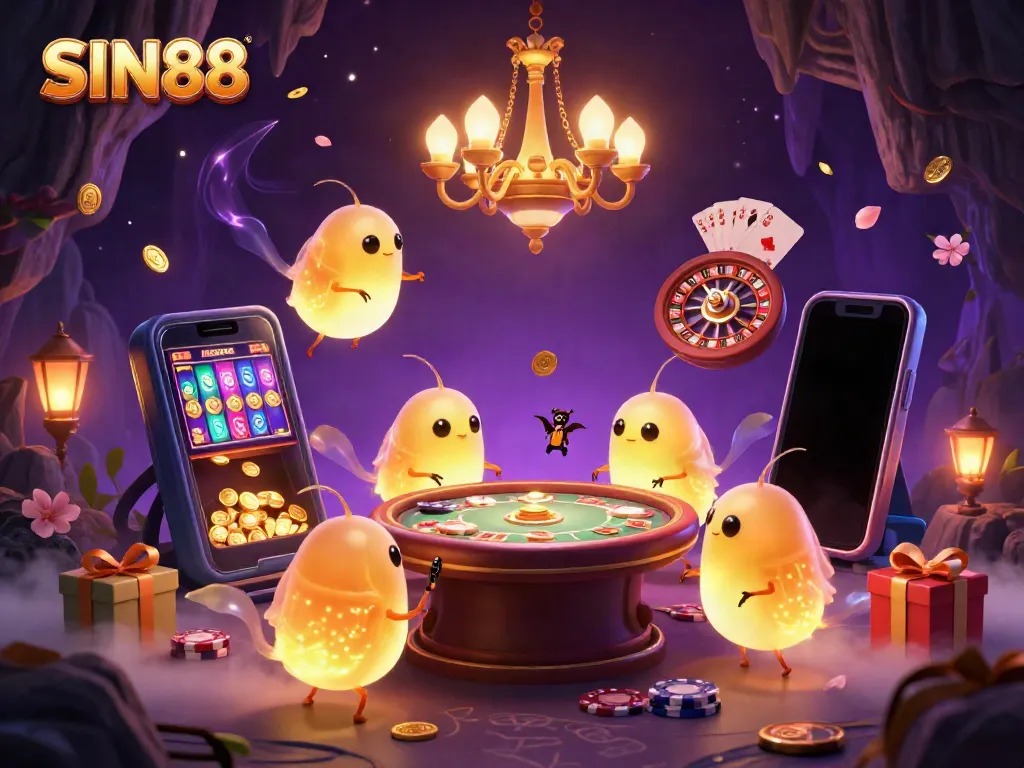 SIN88 illuminates a cave casino scene with glowworms and a bat dealer, showcasing vibrant gambling elements.
