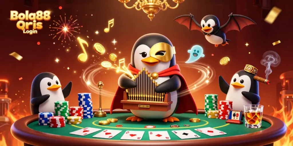 Bola88 Qris Login: Enjoy dynamic gaming with a playful penguin organist shooting coins amidst poker excitement.