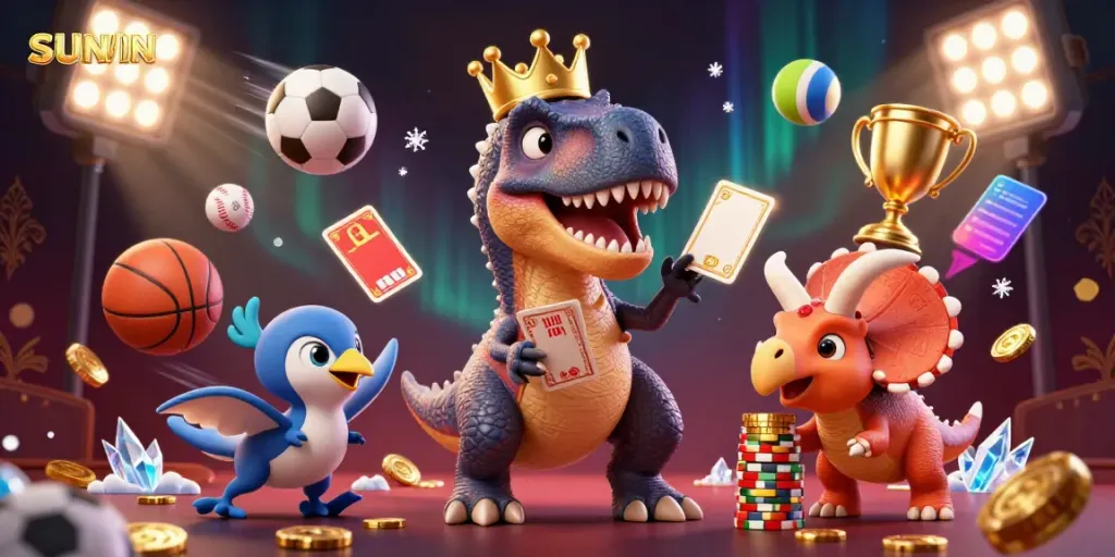 SUNWIN: Experience dynamic card dealing with a crowned T-Rex and friends amidst an exciting casino backdrop.