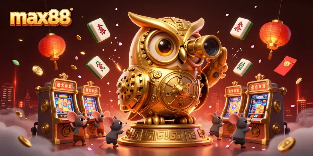 Betting with max88 features a vibrant casino scene with golden owl, slot machines, and festive elements.
