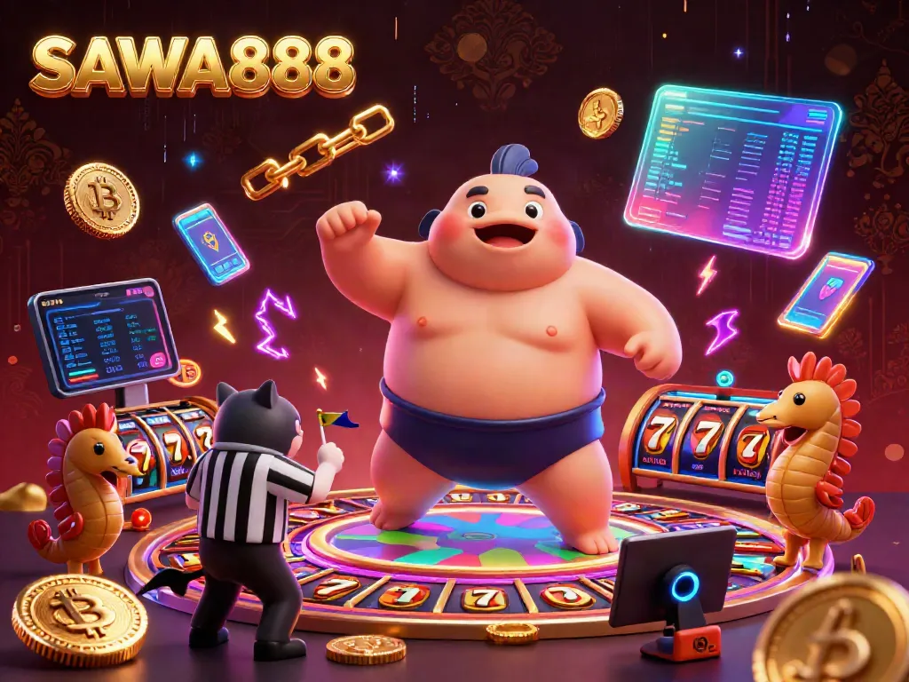 SAWA888 slots excitement illustrated with a vibrant fugu and catfish referee in a neon underwater scene.