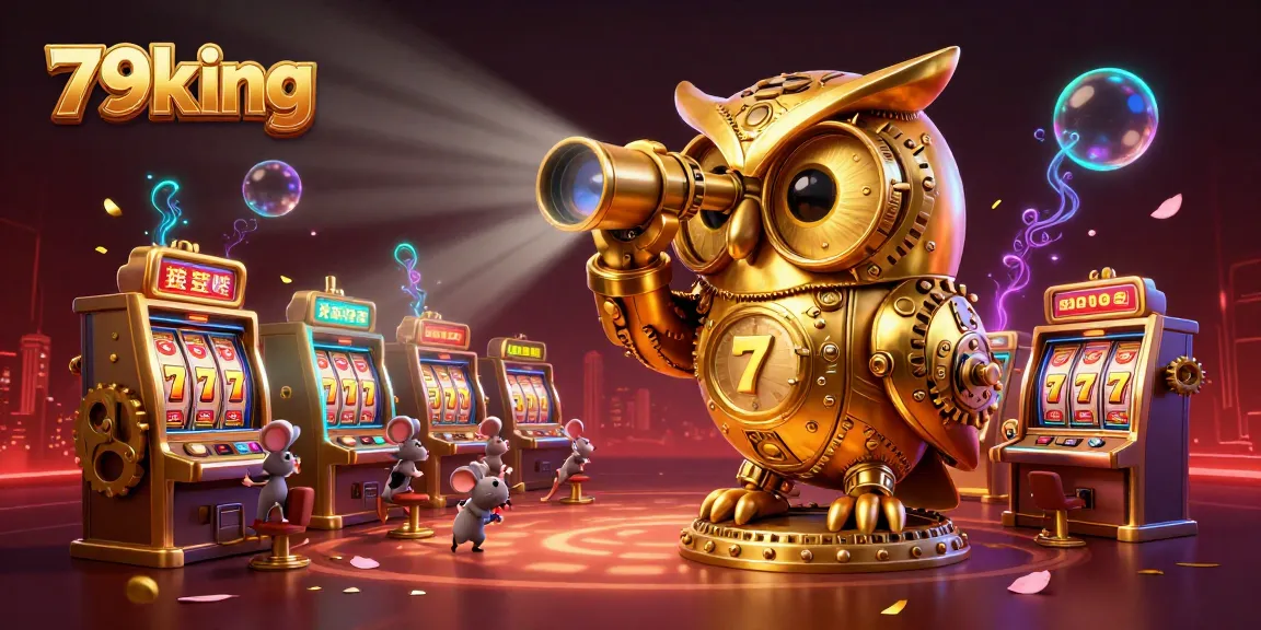 Experience the vibrant world of 79king with a golden owl scanning a busy casino floor, decorated richly.