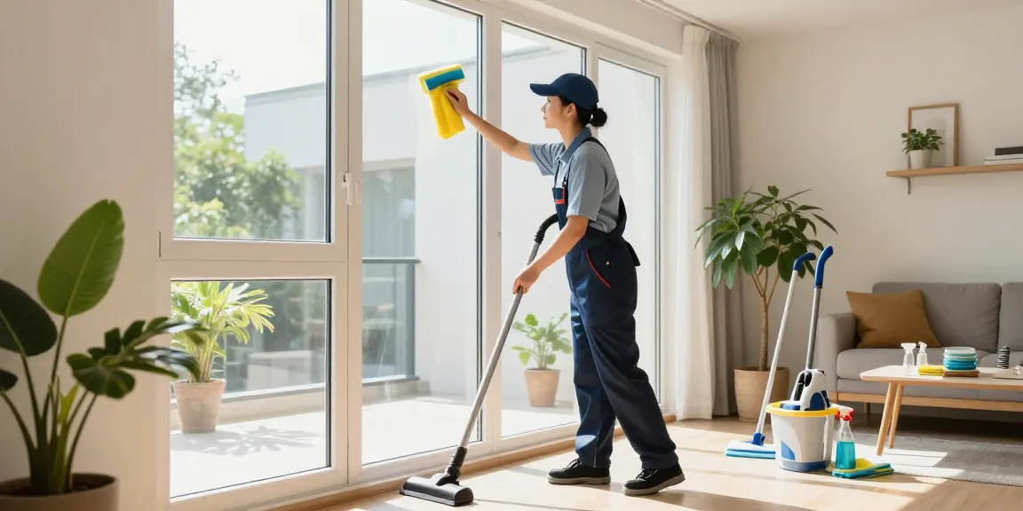 Professional cleaner providing reinigungsdienst bern service in a bright apartment with sparkling windows and organized living space.