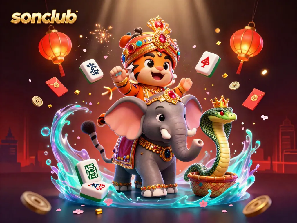 Experience thrills at sonclub with a vibrant and engaging illustration of a majestic maharaja tiger and elephant in a dynamic casino scene.