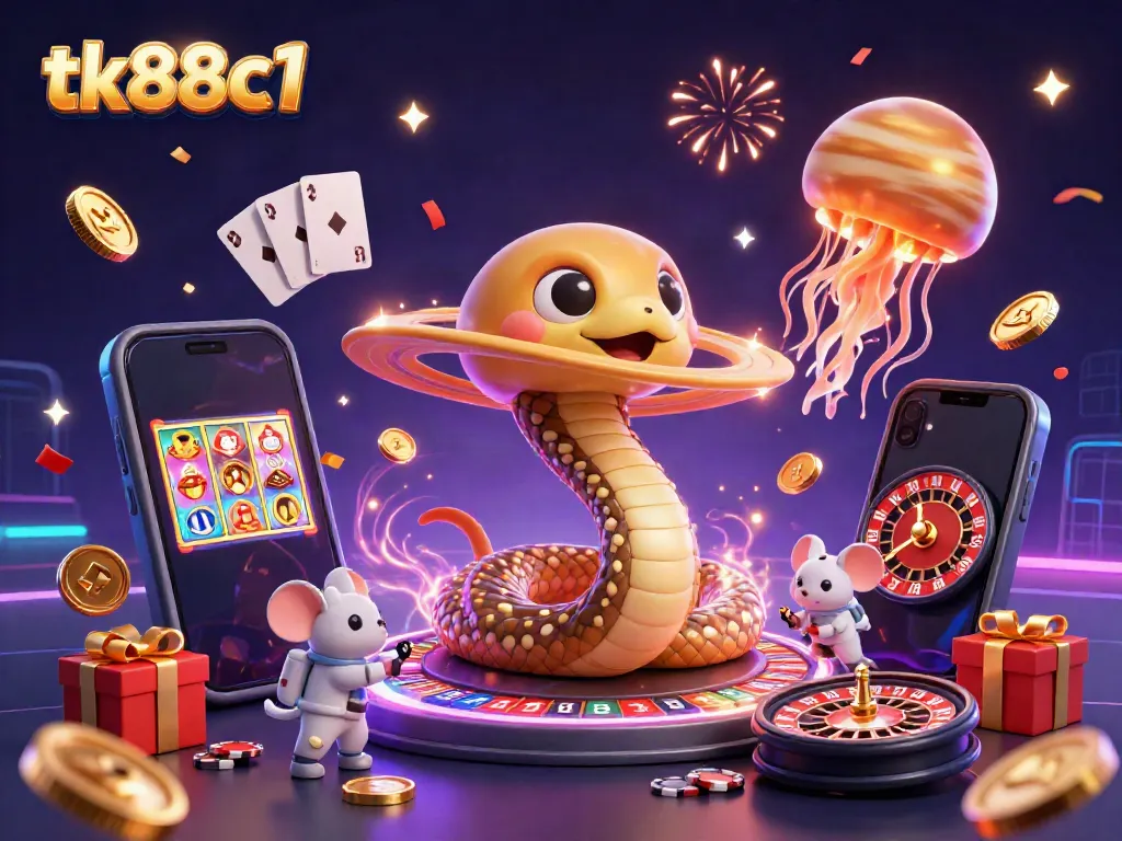 Experience the magic of tk88c1 with astronaut mice placing bets on a roulette wheel, surrounded by vibrant casino elements.