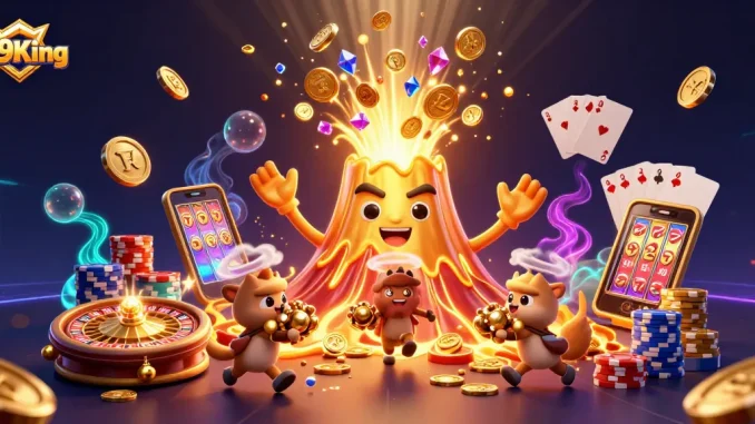 Engage with 79King’s explosive gaming world, featuring a golden volcano erupting treasures amidst a vibrant casino scene.