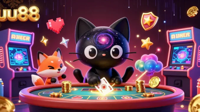 uu88 casino scene with a black hole cat and nebula fox pulling in chips and cards
