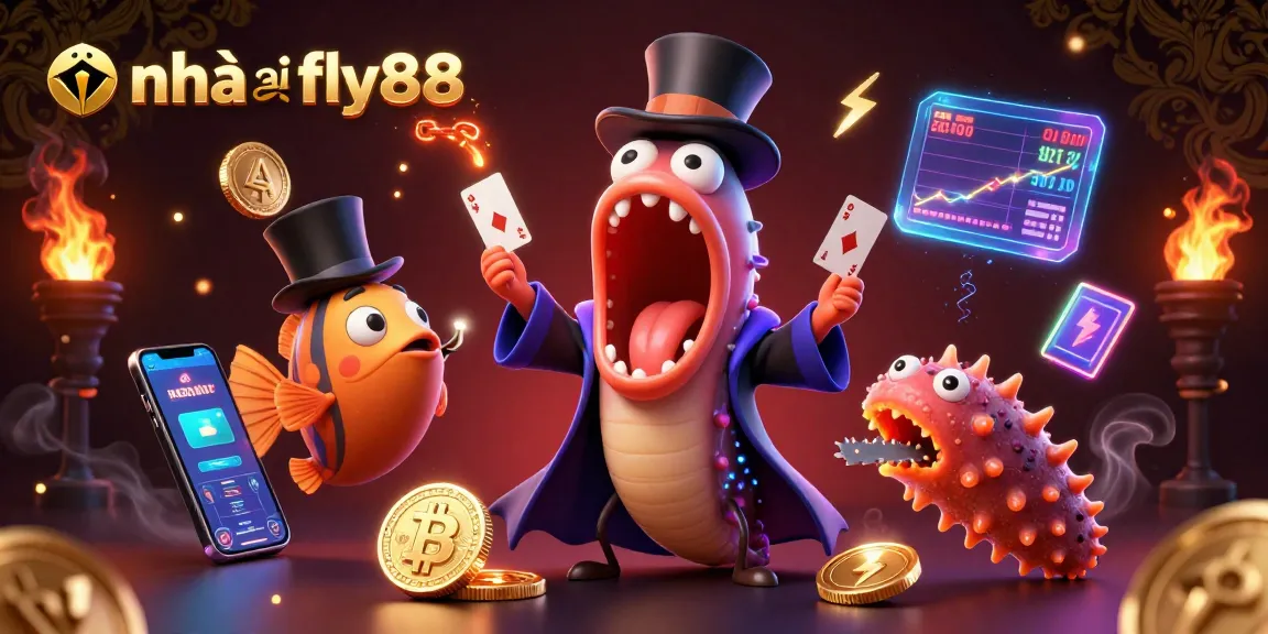 Engaging cartoon scene highlighting nhà cái fly88's thrilling card magic act with luminous sea creatures