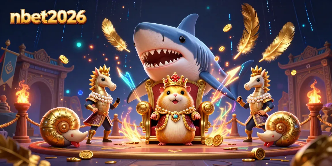 Experience nbet2026 in a thrilling casino illustration featuring a hamster king on a shark throne surrounded by seahorses.