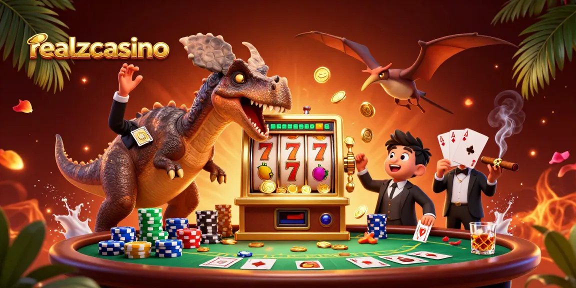 realzcasino verspricht spannende Jackpot-Gewinne mit einem Pachycephalosaurus, der einen Spielautomaten verprügelt.